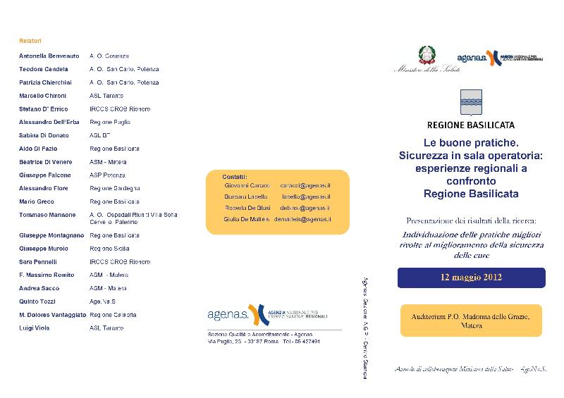 LE BUONE PRATICHE: SICUREZZA IN SALA OPERATORIA; ESPERIENZE REGIONALI A CONFRONTO - 12 maggio 2012